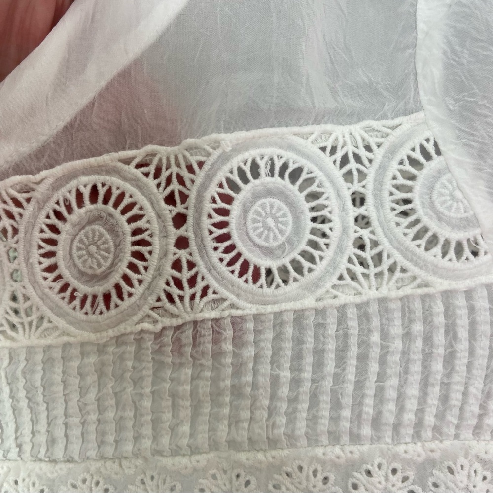 Johnny Was White Blouse Semi-Sheer Crochet Lace Short Sleeves Buttons Size Large - Picture 9 of 14